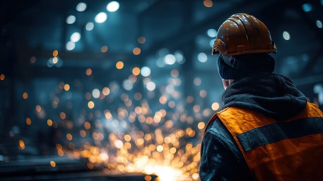 Back View of Industrial Worker in Hard Hat and High-Visibility Vest Observing Welding Sparks in Factory with Bokeh Lights - Powered by Adobe