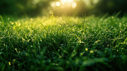 Naklejka premium Morning dew glimmering on lush grass nature scene close-up view tranquil environment serene moment