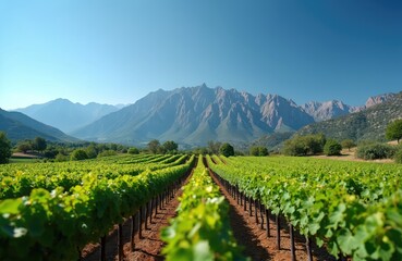 Naklejka premium Green vineyard rows climb a mountain slope under clear blue sky. Lush grapevines spread across the landscape with jagged peaks in background. Peaceful agricultural scene.