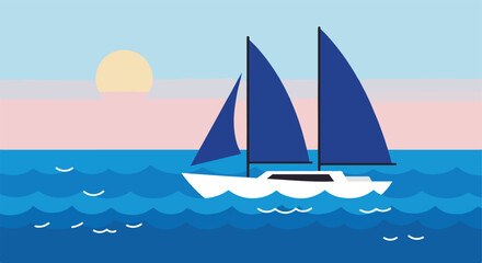 Naklejka premium Minimalist Vector Illustration of Sailboat on Ocean with Sunset in Cool Blue and Pastel Pink Colors in Modern Style