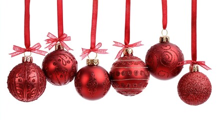 red christmas ornaments hanging on red ribbons, isolated against a white background with a clipping path.