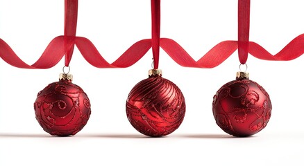 red christmas ornaments hanging on red ribbons, isolated against a white background with a clipping path.
