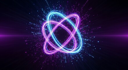 Abstract glowing atom structure with blue and purple light trails on a dark background design