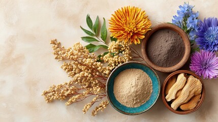 Natural Herbal Powders and Dried Mushrooms with Colorful Flowers