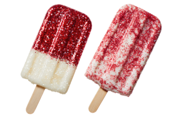 Two red-and-white popsicles with glitter