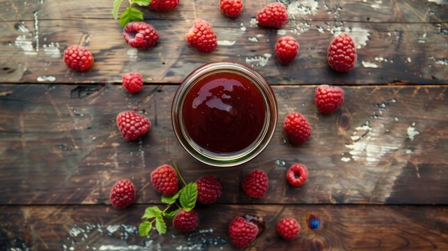 Raspberry jam jar, overhead shot. Fresh raspberries surround it, emphasizing natural sweetness and homemade feel
