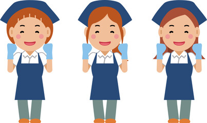 がんばります。と笑顔の紺色エプロンの女性清掃員。その2