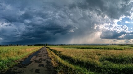 Obraz premium A road leads through fields, with a stormy sky bringing rain in the distance