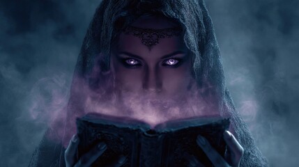 Mysterious fortune teller reading a glowing magical book in a dark mystical room