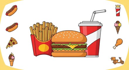 A colorful fast food meal with a hamburger, hot dog, french fries, and soda.