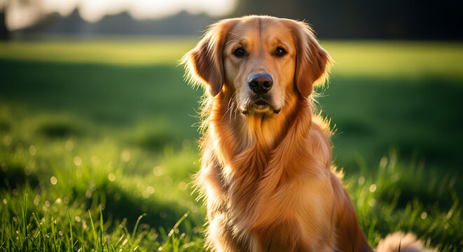 Golden retriever sitting in a grassy field bathed in sunlight with a blurred background view outdoors - Powered by Adobe