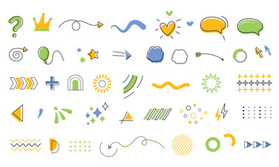 Hand drawn doodle elements pack in colorful style. Memphis design elements. Retro funky graphic, trends icon element print illustration vector collection