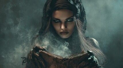 Mysterious fortune teller reading a glowing magical book in a dark mystical room
