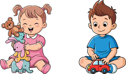 Cartoon children playing with toys, girl holding stuffed animals, boy with toy car, colorful indoor scene, joyful toddler activity
