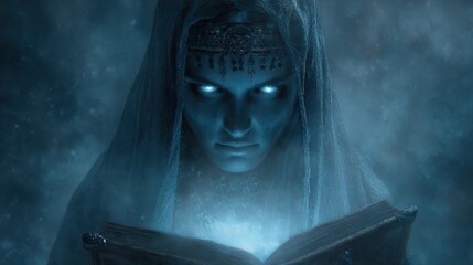 Mysterious fortune teller reading a glowing magical book in a dark mystical room