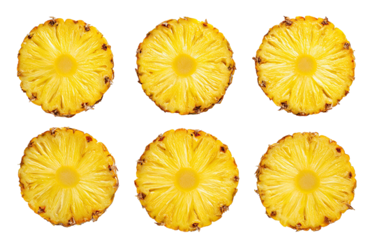 Six round pineapple slices, top view.  Bright yellow flesh,  a central eye.  Evenly spaced