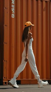 a female model wearing a white tank top, white leggings and white sneakers and new york baseball white cap, she is walking next to shipping containers. 