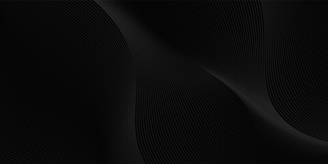 Black abstract background design. Modern wavy line pattern in monochrome colors. Premium stripe texture for banner, business backdrop. Dark horizontal vector template