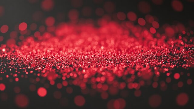 A shimme field of vibrant red glitter particles creates a dazzling and festive abstract design against a dark, blurred backdrop, evoking feelings of celebration.