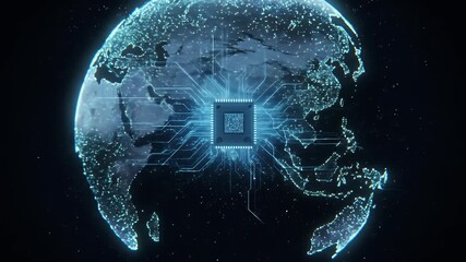 Abstract 3d Technology Earth Globe With Central Computer Chip Animation - Powered by Adobe