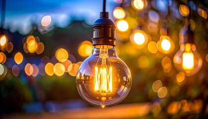 Vintage Edison bulb with softly blurred evening background, cinematic bokeh, warm amber glow