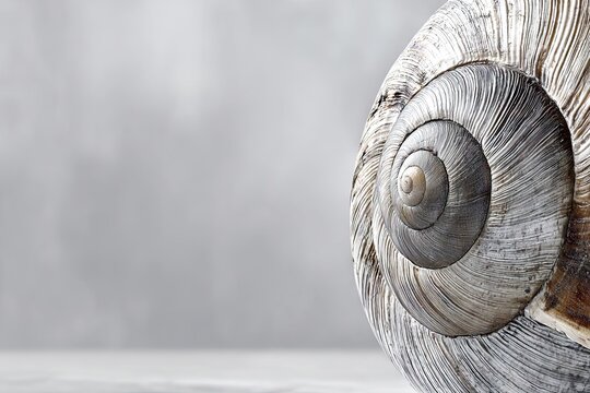 Shell's spiraling pattern dominates, right side, soft grey backdrop