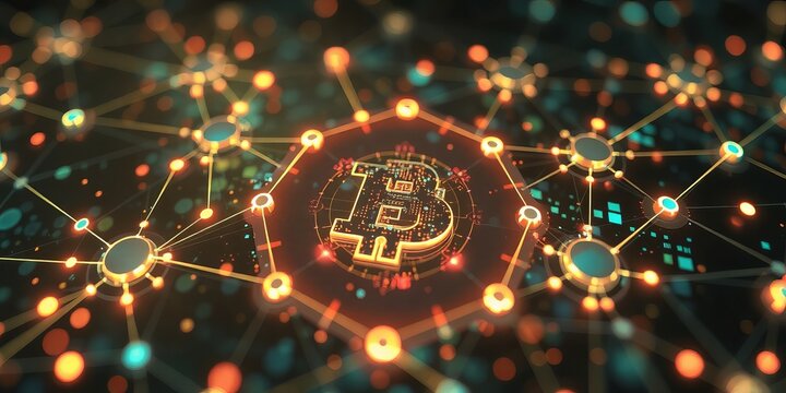 Golden bitcoin symbol is illuminated within a complex interconnected network, illustrating the concept of cryptocurrency and blockchain technology on dark background.