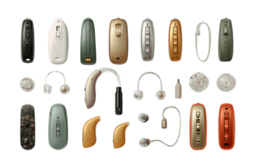 Various hearing aid components in different colors and styles