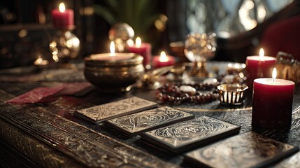 Futuristic and traditional fortune tellers reading glowing crystal spheres and tarot cards
