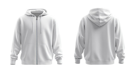 Front and back view of a plain white zip-up hoodie