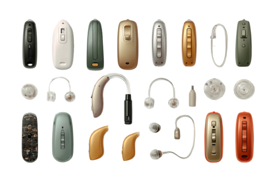 Various hearing aid components in different colors and styles
