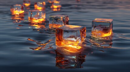 Glowing Ice Cubes on Water