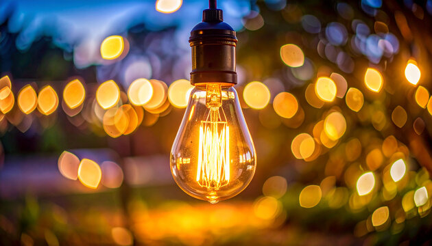 Vintage Edison bulb with softly blurred evening background, cinematic bokeh, warm amber glow