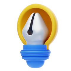 3D Graphic Of A Stylized Light Bulb With A Pen Nib Inside Yellow Housing And Blue Base Representing A Design Idea On Transparent Background