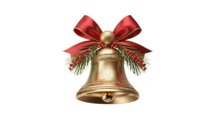 Golden christmas bell ornament with red bow and greenery festive decoration isolated on transparent background