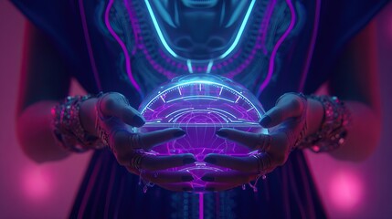 Futuristic and traditional fortune tellers reading glowing crystal spheres and tarot cards