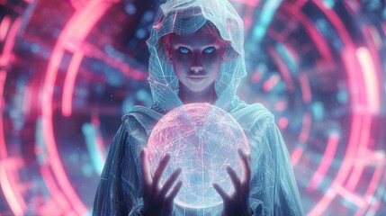 Futuristic and traditional fortune tellers reading glowing crystal spheres and tarot cards