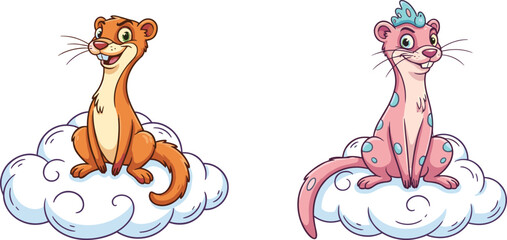 Cartoon ferret on cloud, pink animal with blue spots, cheerful brown companion, whimsical sky scene, fantasy illustration, kids character artCartoon ferret on cloud, pink animal
