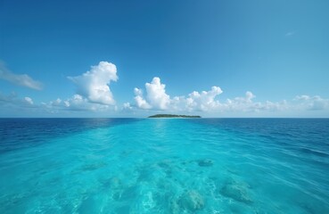 Obraz premium Tropical island in the middle of blue ocean. Clear blue sky. Beautiful seascape with sky and sea horizon. Natural landscape. Vacation and travel