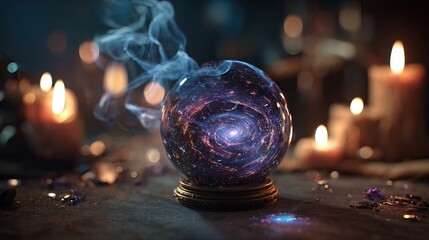 Tarot cards, candles, and crystals arranged for mystical divination