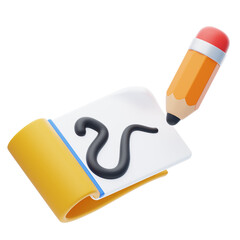 3D Illustration of an Orange Pencil Drawing a Black Wavy Line on a White Notepad with Yellow Binding and Transparent Background