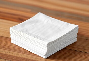 Stack of pristine white paper napkins, square shape, soft texture, white background, close up