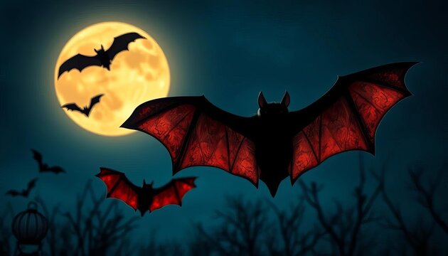 Spooky Halloween bat silhouettes against a moonlit night sky, design element, full moon
