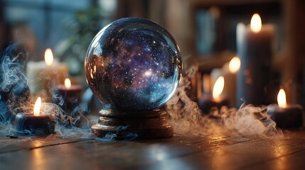 Tarot cards, candles, and crystals arranged for mystical divination