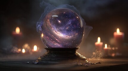 Tarot cards, candles, and crystals arranged for mystical divination