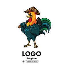 Rooster farmer with hoe and straw hat with transparent background