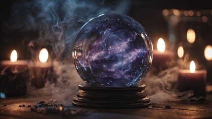 Tarot cards, candles, and crystals arranged for mystical divination
