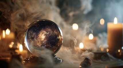 Tarot cards, candles, and crystals arranged for mystical divination