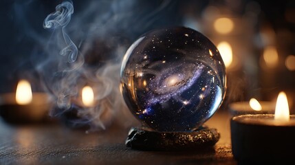 Tarot cards, candles, and crystals arranged for mystical divination