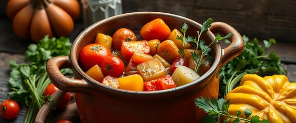 Vibrant Proven&ccedil;al vegetables simmering in a rustic clay pot,  zucchini,  eggplant